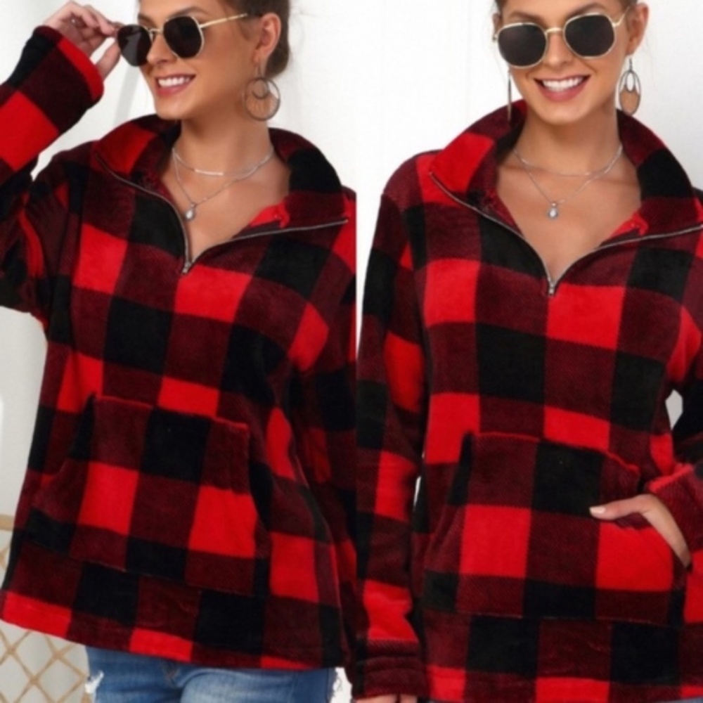 JAX Plaid Zipper detail Sweater - RED - Picture 3 of 3